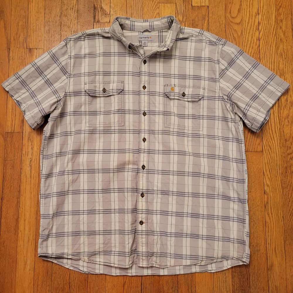 Carhartt 2XL Tall Shirt Grey White Plaid Short Sleeve Cotton 104175 STL Work